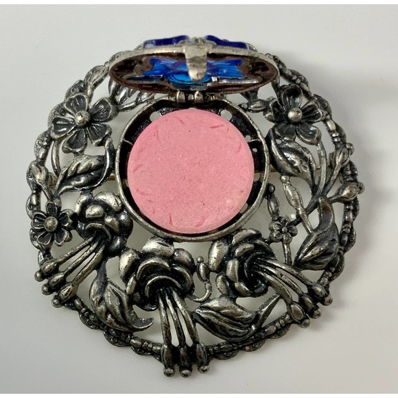 Vintage Filigree Blue Flower Brooch Pendant Secret Perfume Compartment Orig. Pkg - Picture 6 of 10